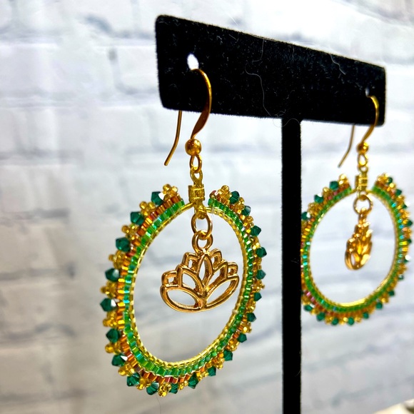 Boho Lotus Flower Green Hoop Beaded Earrings - Picture 2 of 8